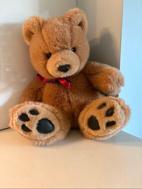 Vintage 1990s Mary Meyer Plush Brown Teddy Bear with Red and Blue Bow
